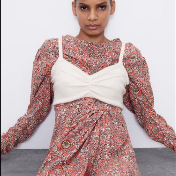 Zara FLORAL PRINTED DRAPED MIDI Flowy DRESS Long Sleeve Puff Shoulders Sz XS NEW - Picture 14 of 16